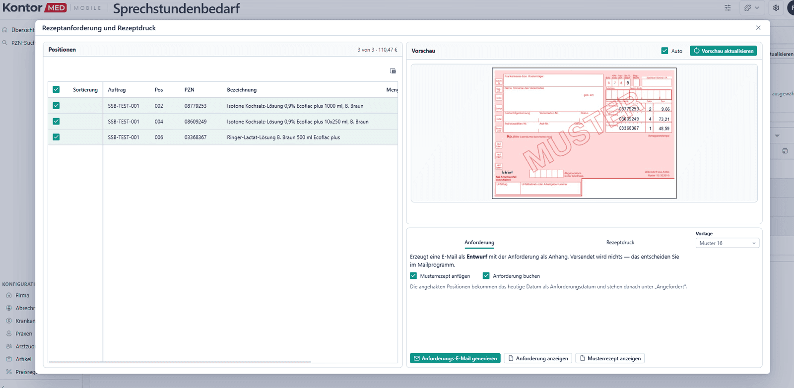 Dialog Rezeptanforderung und Rezeptdruck in SSB digital: links die ausgewählten Rezeptpositionen mit PZN und Bezeichnung, rechts die Vorschau des Musterrezepts mit deutlichem MUSTER-Aufdruck, darunter die Optionen Musterrezept anfügen und Anforderung buchen.